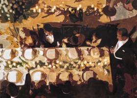 Ilse Gabbert, Hochzeit in St. Moritz, Ölmalerei auf Leinwand, 140 x 200 cm, aus der Serie "von oben" 