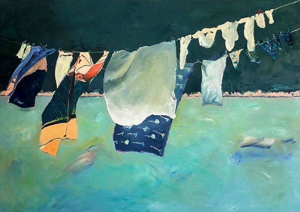 Ilse Gabbert, Laundry, Oil on Canvas, 140 x 200 cm,  from the series  "Clothes lines", Art in Krefeld 