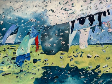 Ilse Gabbert, Laundry, Oil on Canvas, 110 x 160 cm,  2022, from the series  "Clothes lines", Art in Krefeld 